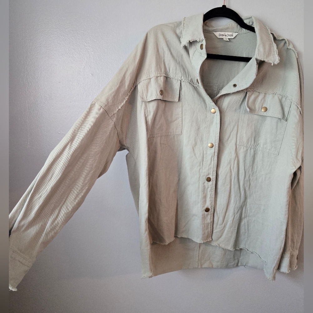 Davi & Dani Rock & Roll Graphic Shacket Sage Green Raw Hem Button Down Shirt - Picture 4 of 9